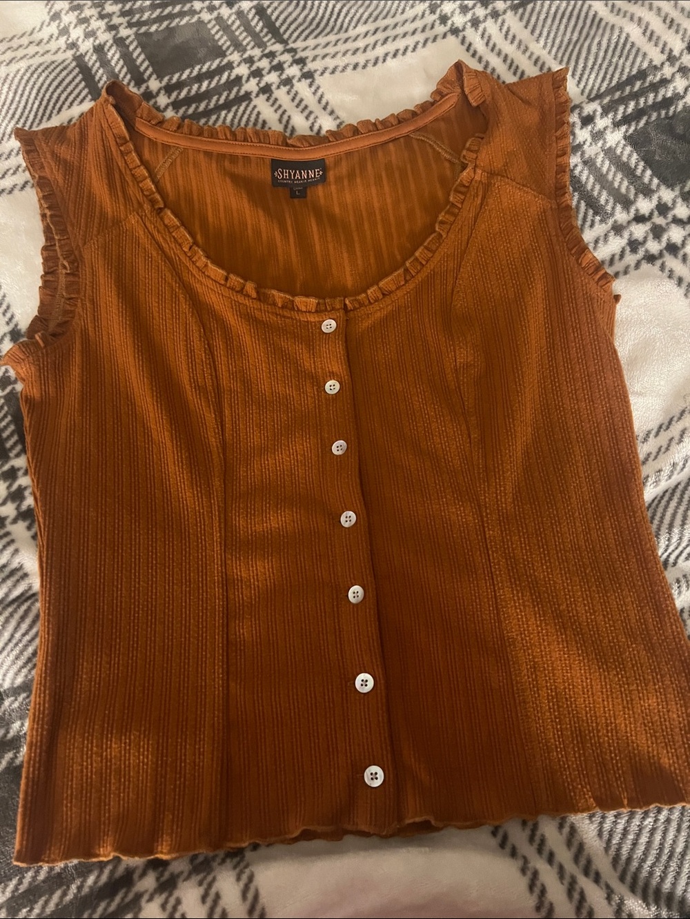 Shyanne Rust-Orange Ribbed Ruffle Button Crop Top